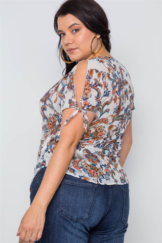 Plus Size Multi Self Tie Sleeves Floral Chiffon Top