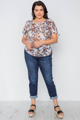 Plus Size Multi Self Tie Sleeves Floral Chiffon Top