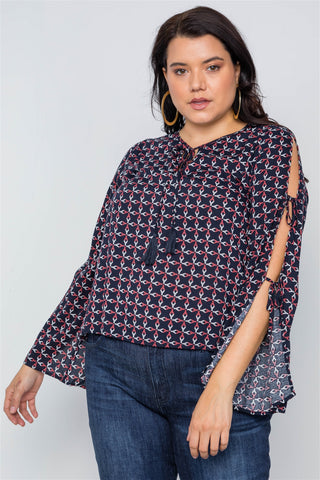 Plus Size Navy Multi Print Slit Self Tie Sleeves Top