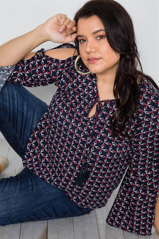 Plus Size Navy Multi Print Slit Self Tie Sleeves Top