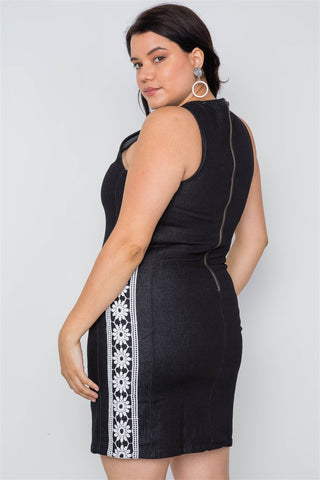 Plus Size Black Crochet Detail Denim Mini Dress