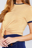 Short Crew Neck W/contrast Binding Front Tie Stripe Rayon Spandex Top