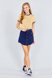 Short Crew Neck W/contrast Binding Front Tie Stripe Rayon Spandex Top
