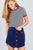 Short Crew Neck W/contrast Binding Front Tie Stripe Rayon Spandex Top