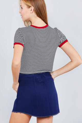 Short Crew Neck W/contrast Binding Front Tie Stripe Rayon Spandex Top