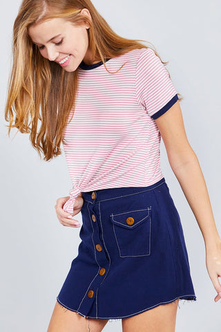 Short Crew Neck W/contrast Binding Front Tie Stripe Rayon Spandex Top