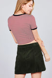 Short Crew Neck W/contrast Binding Front Tie Stripe Rayon Spandex Top