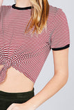 Short Crew Neck W/contrast Binding Front Tie Stripe Rayon Spandex Top