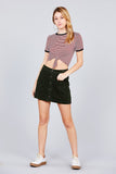 Short Crew Neck W/contrast Binding Front Tie Stripe Rayon Spandex Top