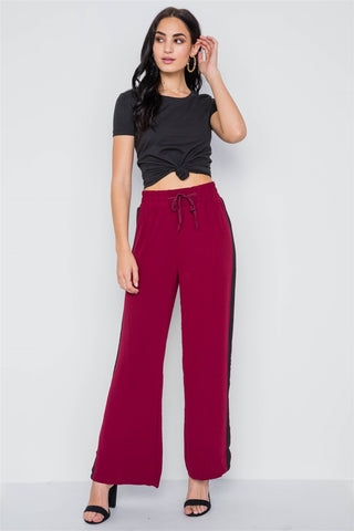 Contrast Trim Side Slit Wide Leg Casual Pants
