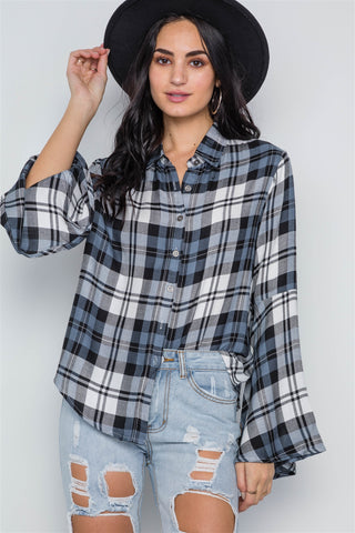 blue Plaid Button Down Bell Sleeve Top