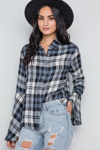 blue Plaid Button Down Bell Sleeve Top