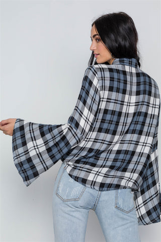 blue Plaid Button Down Bell Sleeve Top
