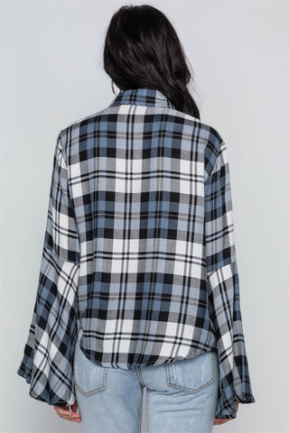 blue Plaid Button Down Bell Sleeve Top