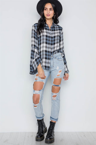 blue Plaid Button Down Bell Sleeve Top