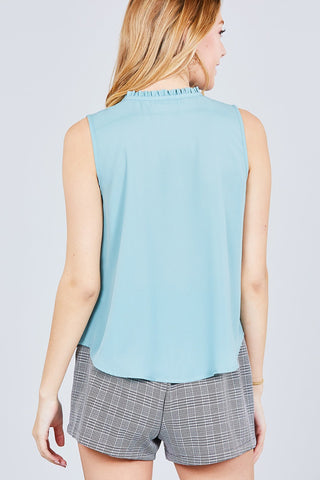 Sleeveless Ruffle Neck W/self Tie Smocked Yoke Detail Front Button Woven Top