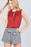 Sleeveless Ruffle Neck W/self Tie Smocked Yoke Detail Front Button Woven Top