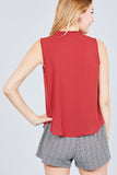 Sleeveless Ruffle Neck W/self Tie Smocked Yoke Detail Front Button Woven Top