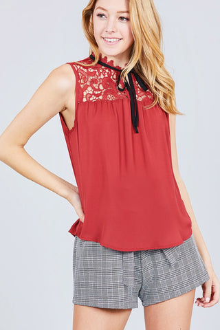 Sleeveless Contrast Tie W/lace Wool Dobby Woven Top