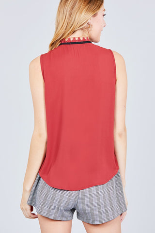 Sleeveless Contrast Tie W/lace Wool Dobby Woven Top