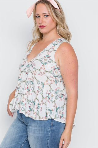 Plus Size Off White Floral Print Lace Up Top