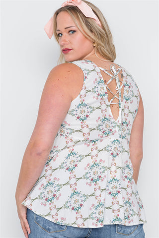 Plus Size Off White Floral Print Lace Up Top