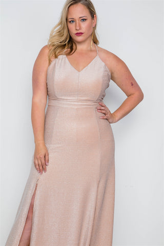 Plus Size Nude Front Slits Cami Evening Maxi Dress