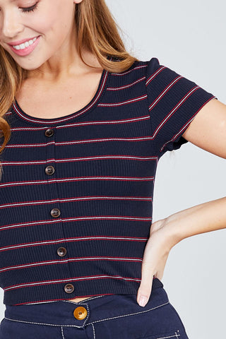 Short Sleeve Round Neck Button Down Stripe Rayon Poly Spandex Rib Top