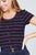 Short Sleeve Round Neck Button Down Stripe Rayon Poly Spandex Rib Top
