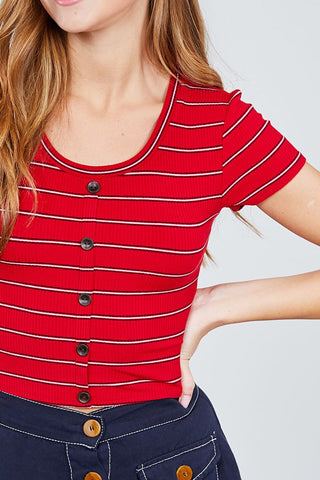 Short Sleeve Round Neck Button Down Stripe Rayon Poly Spandex Rib Top