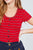 Short Sleeve Round Neck Button Down Stripe Rayon Poly Spandex Rib Top