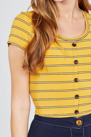 Short Sleeve Round Neck Button Down Stripe Rayon Poly Spandex Rib Top