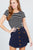 Short Sleeve Round Neck Lettuce Hem Stripe Jersey Cotton Spandex Top