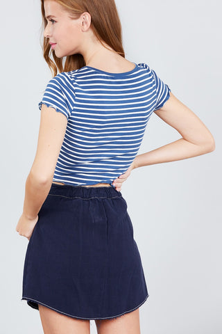Short Sleeve Round Neck Lettuce Hem Stripe Jersey Cotton Spandex Top