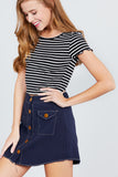 Short Sleeve Round Neck Lettuce Hem Stripe Jersey Cotton Spandex Top