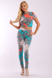 Floral Print And Striped Side Contrast 2 Pieces Set Includes A Hooded Cropped Top With Short Sleeves And A High Waist Full Leggings