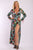 Floral Print, Wrapped, Kimono Style, Satin Dress With Long Sleeves, High Front Slit And Decorative Trimming