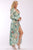 Floral Print, Wrapped, Kimono Style, Satin Dress With Long Sleeves, High Front Slit And Decorative Trimming