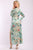 Floral Print, Wrapped, Kimono Style, Satin Dress With Long Sleeves, High Front Slit And Decorative Trimming