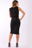 Solid, Sleeveless Midi Dress With Round Neck, Front Mesh Panel, Decorative Lace Up Design And A Back Zipper