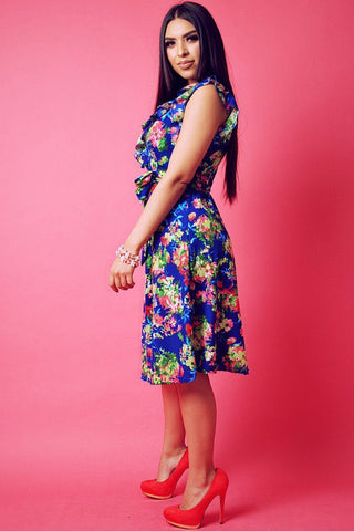 Floral Print, Sleeveless Wrapped Dress With V Neckline And Ruffled Trim