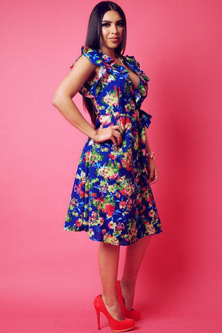 Floral Print, Sleeveless Wrapped Dress With V Neckline And Ruffled Trim