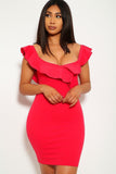 Solid, Ruffled Detail, Sleeveless, Round Neckline, Back Slit, And Stretchy Dress