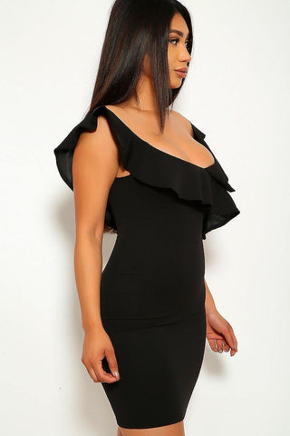 Solid, Ruffled Detail, Sleeveless, Round Neckline, Back Slit, And Stretchy Dress