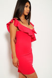 Solid, Ruffled Detail, Sleeveless, Round Neckline, Back Slit, And Stretchy Dress