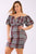 Plaid Short Dress With Bubble, Puff, Off The Shoulder Short Sleeves And V Neck Design