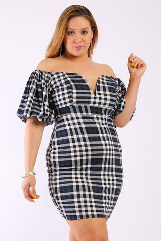 Plaid Short Dress With Bubble, Puff, Off The Shoulder Short Sleeves And V Neck Design