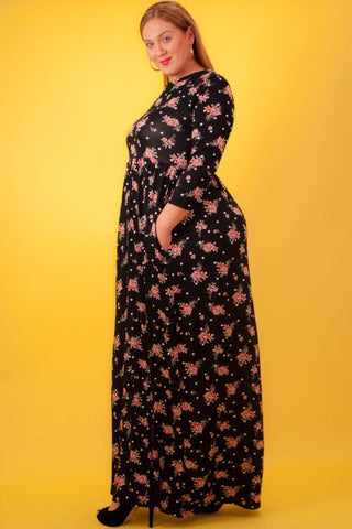 Striped Floral Print Maxi Dress In A Relaxed Fit And Flare Style With A Wrapped V-neck, Short Sleeves, Side Pockets And Waist Tie Belt