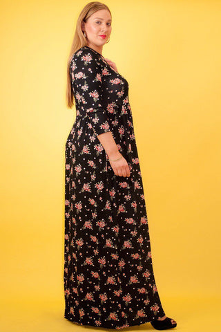 Striped Floral Print Maxi Dress In A Relaxed Fit And Flare Style With A Wrapped V-neck, Short Sleeves, Side Pockets And Waist Tie Belt