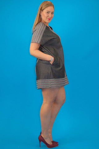 Chambray Denim, Short Sleeve, Striped Contrast Neckline And Trim, Loose Fit Short Dress With Side Pockets